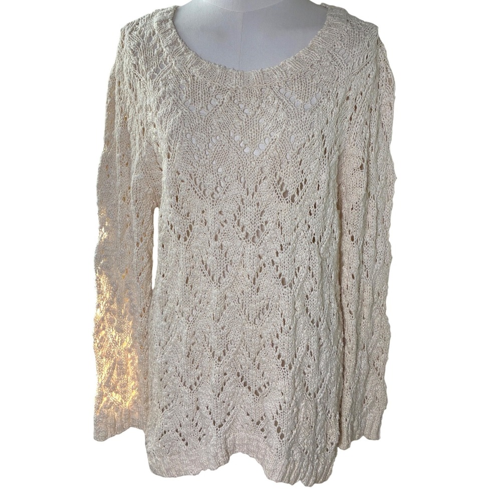 Boho Pointelle Open Knit Cotton Sweater Ivory WD-NY Long Tunic XL